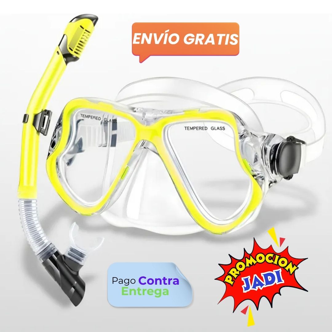 Snorkel kit de buceo profesional adultos JARDIN careta vidrio templando esnórquel resistente ajustable Amarillo