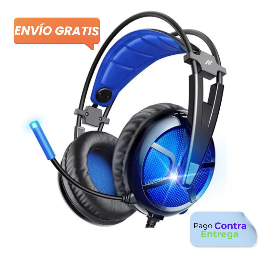 Auriculares Gamer Abkoncore para Pc con micrófono Audífonos Diadema luz led Azul
