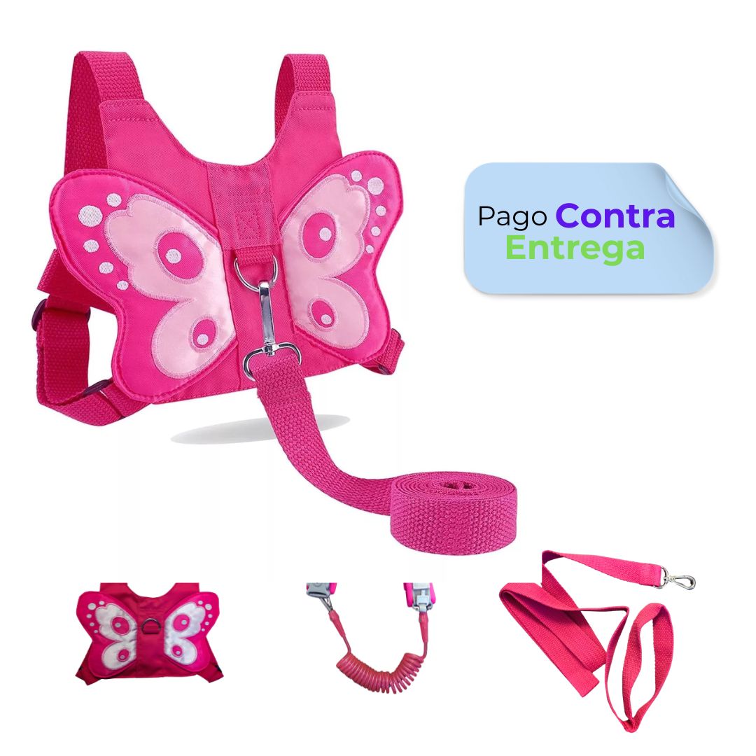 Arnés de seguridad antiperdida con correa para niñas de mariposa fucsia