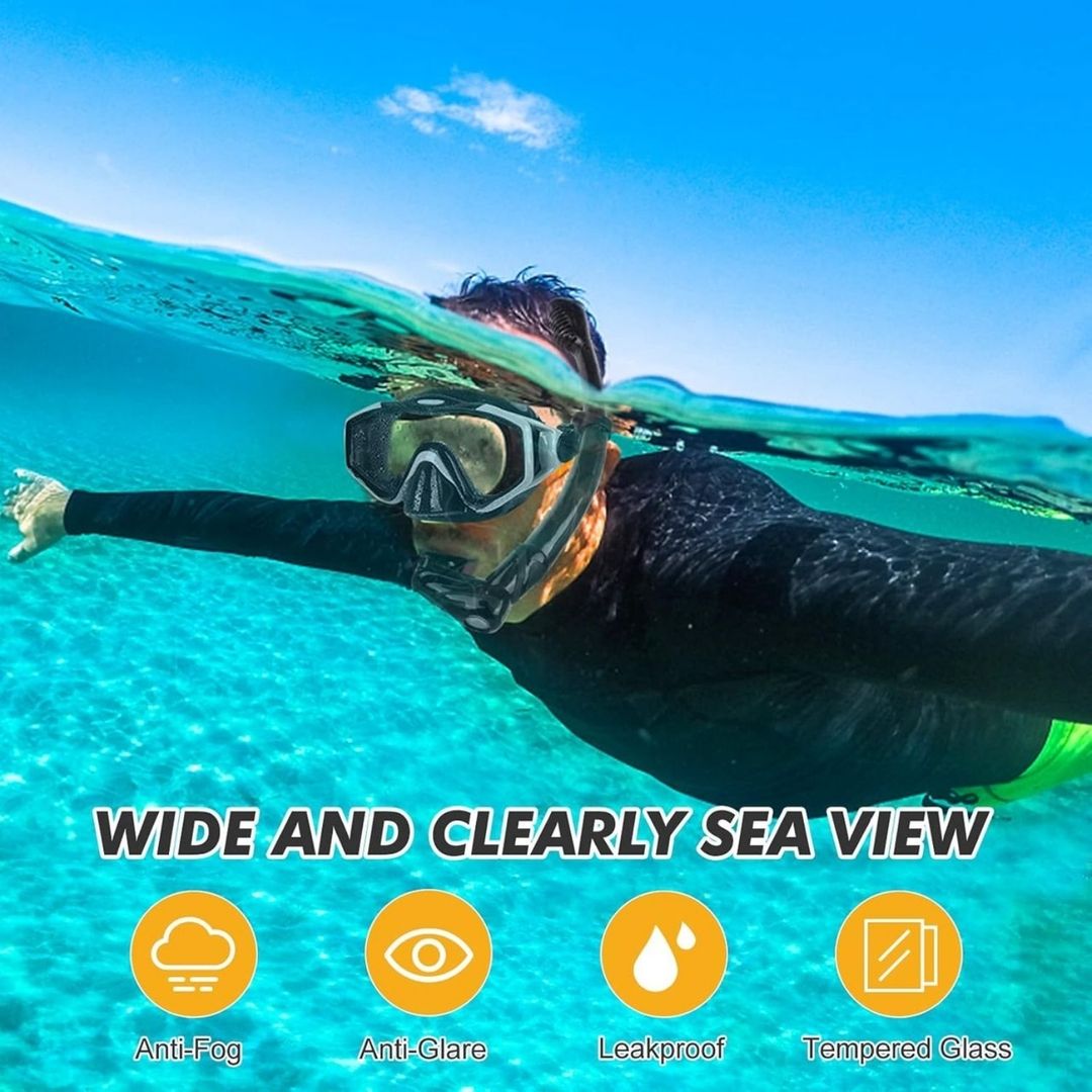 Set Careta Snorkel  profesional para buceo de silicona vista panorámica vidrio templado resistente ajustable color gris KUYOU