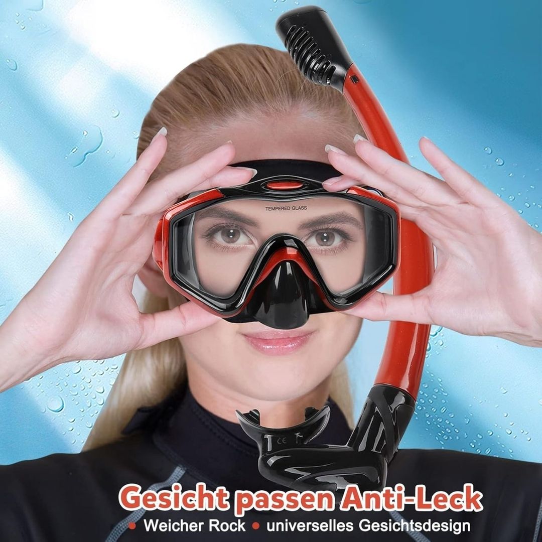 Set Snorkel Careta profesional para buceo de silicona vidrio templado resistente ajustable color rojo KUYOU