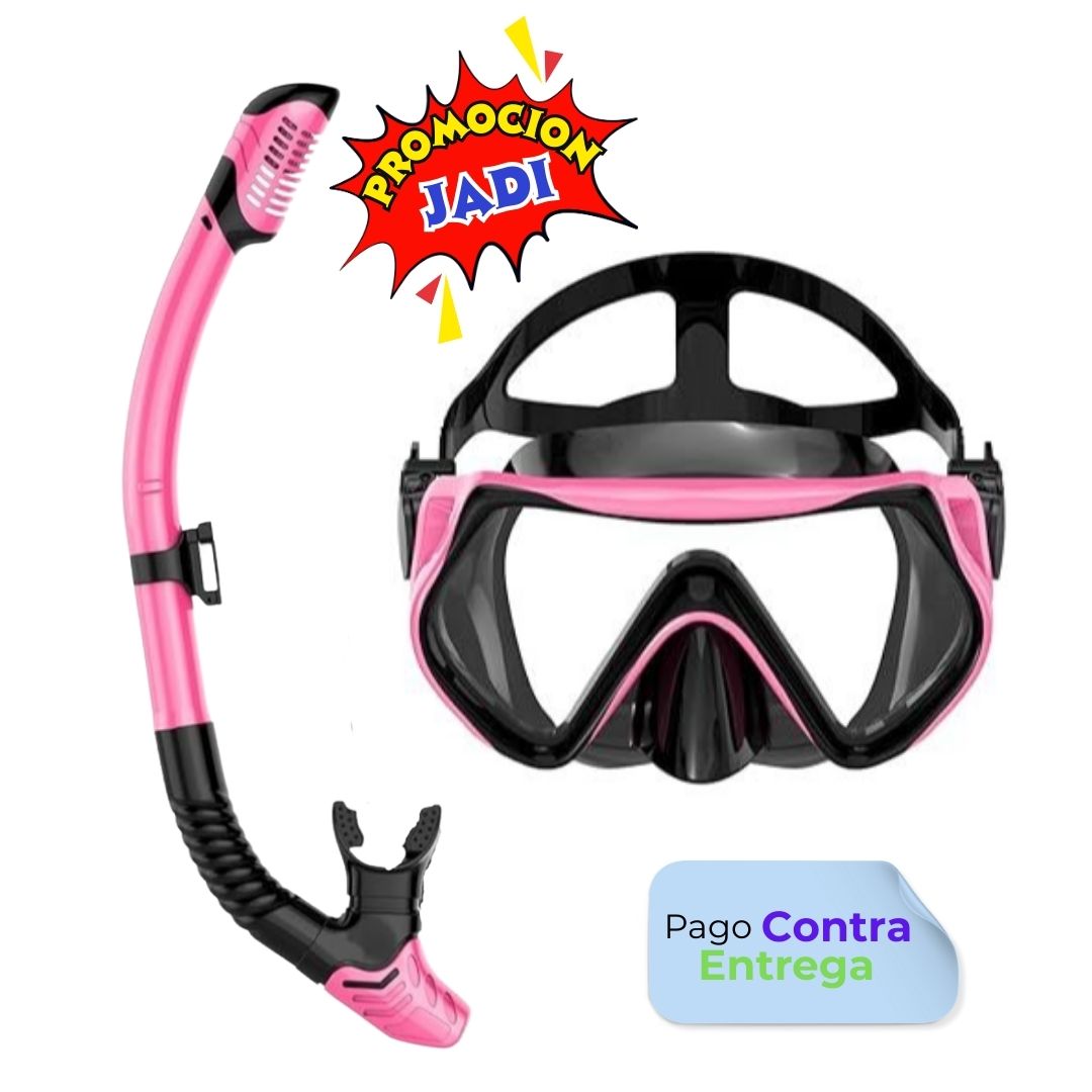 Equipo de buceo para adultos wutrye, Careta con Snorkel seco, lente panorámica de vidrio templado antifugas y antivaho, color rosa