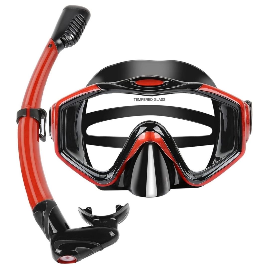 Set Snorkel Careta profesional para buceo de silicona vidrio templado resistente ajustable color rojo KUYOU