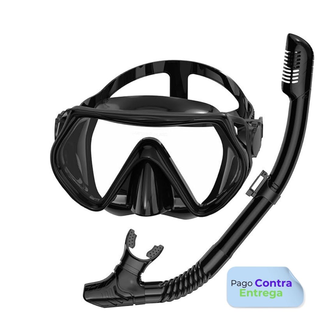 Equipo de buceo para adultos, Careta con esnórquel seco, lente panorámica de vidrio templado antifugas y antivaho, color negro