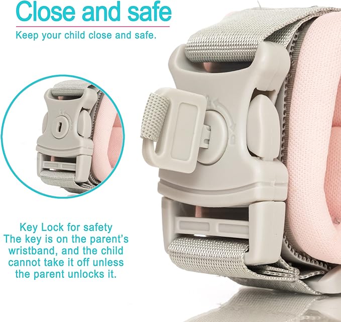 Arnes de seguridad para niñas antiperdida de conejito rosado y llave de bloqueo 3 en 1 HappyVk pulsera y correa 