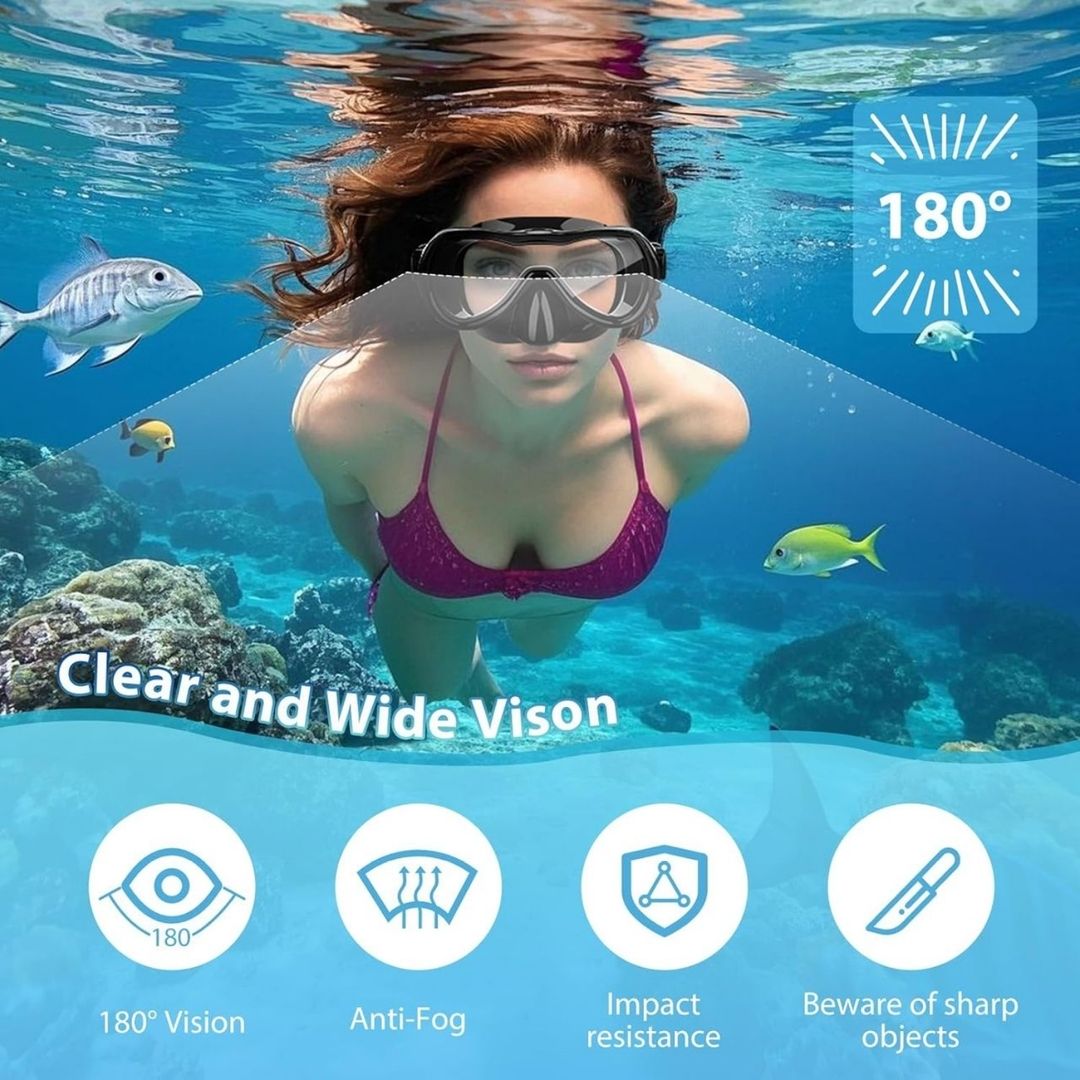 Set de buceo careta snorkel máscara  de vidrio templado esnórquel seco antiempañadura color negro