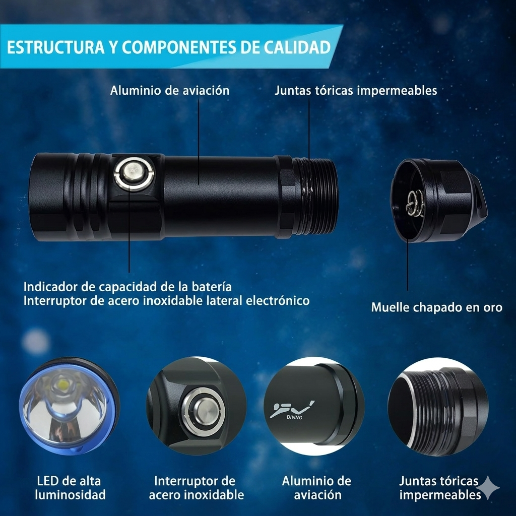 Linterna recargable de mano para buceo submarino super brillante de 1500 lúmenes + cargador IPX8 hasta 100 metros DV28