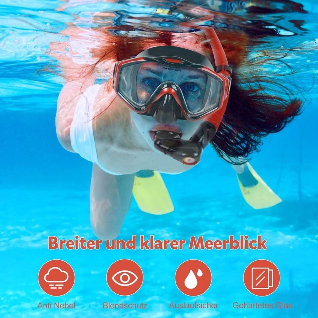 Set Snorkel Careta profesional para buceo de silicona vidrio templado resistente ajustable color rojo KUYOU