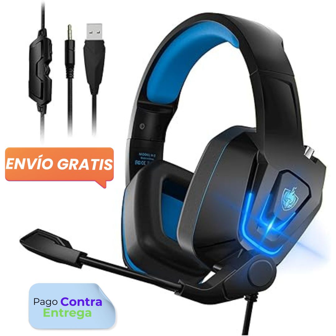 Auriculares YOTMS Gamer Ps4, Xbox, Pc Micrófono cancelación ruido Audífonos Led Azul diadema