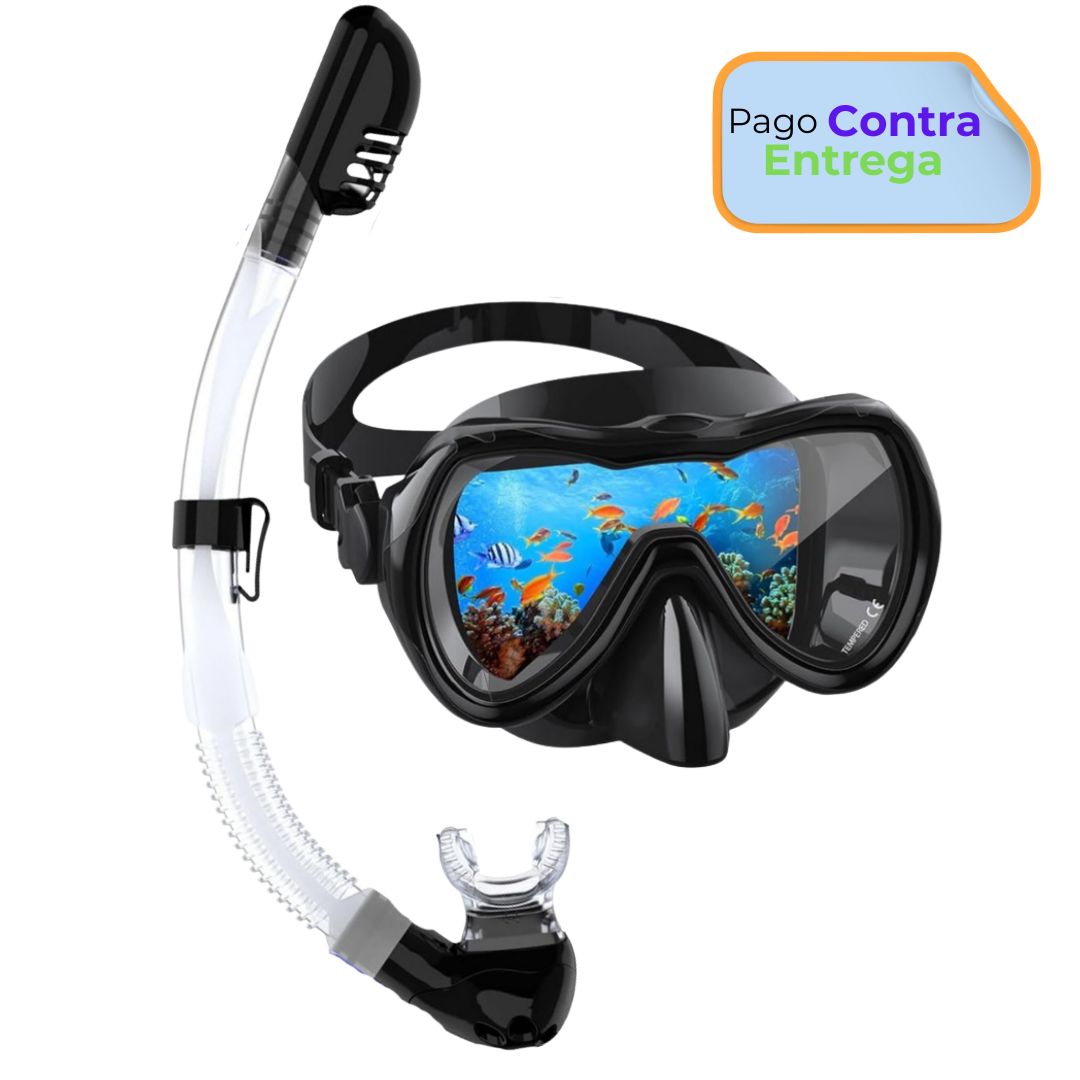 Set de buceo careta snorkel máscara de vidrio templado esnórquel seco antiempañadura color negro