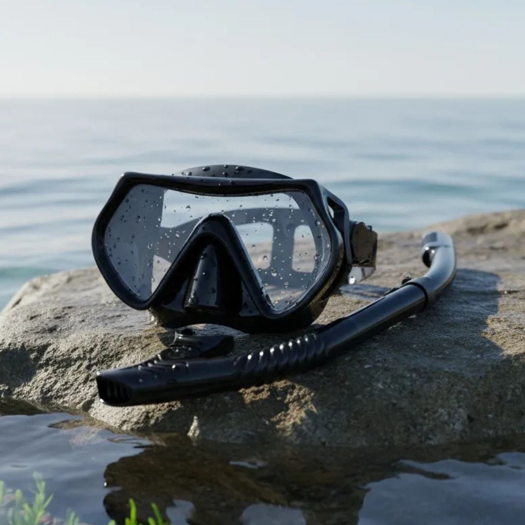 Equipo de buceo para adultos, Careta con esnórquel seco, lente panorámica de vidrio templado antifugas y antivaho, color negro