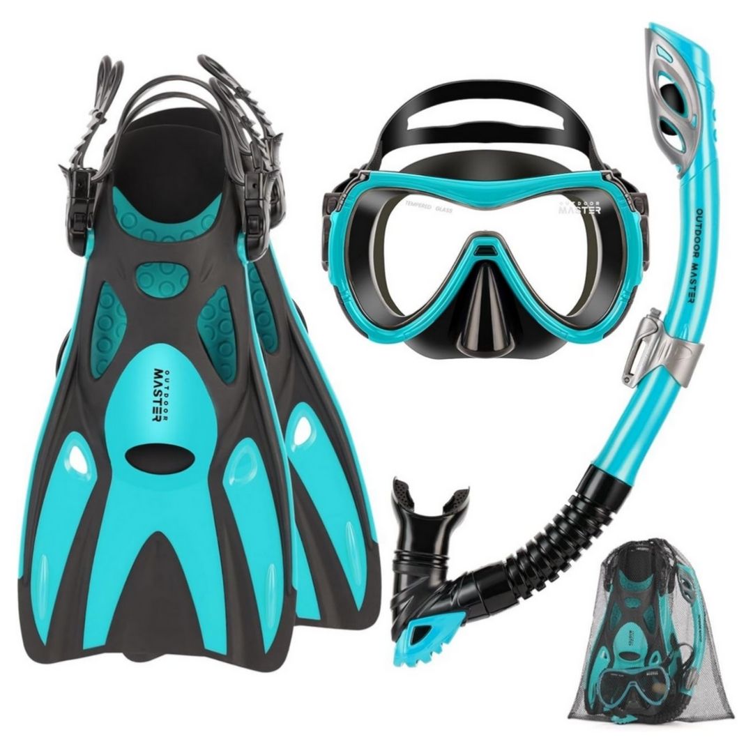 Set Buceo completo Snorkel Careta Aletas adultos Natación Material Flexible color aguamerina