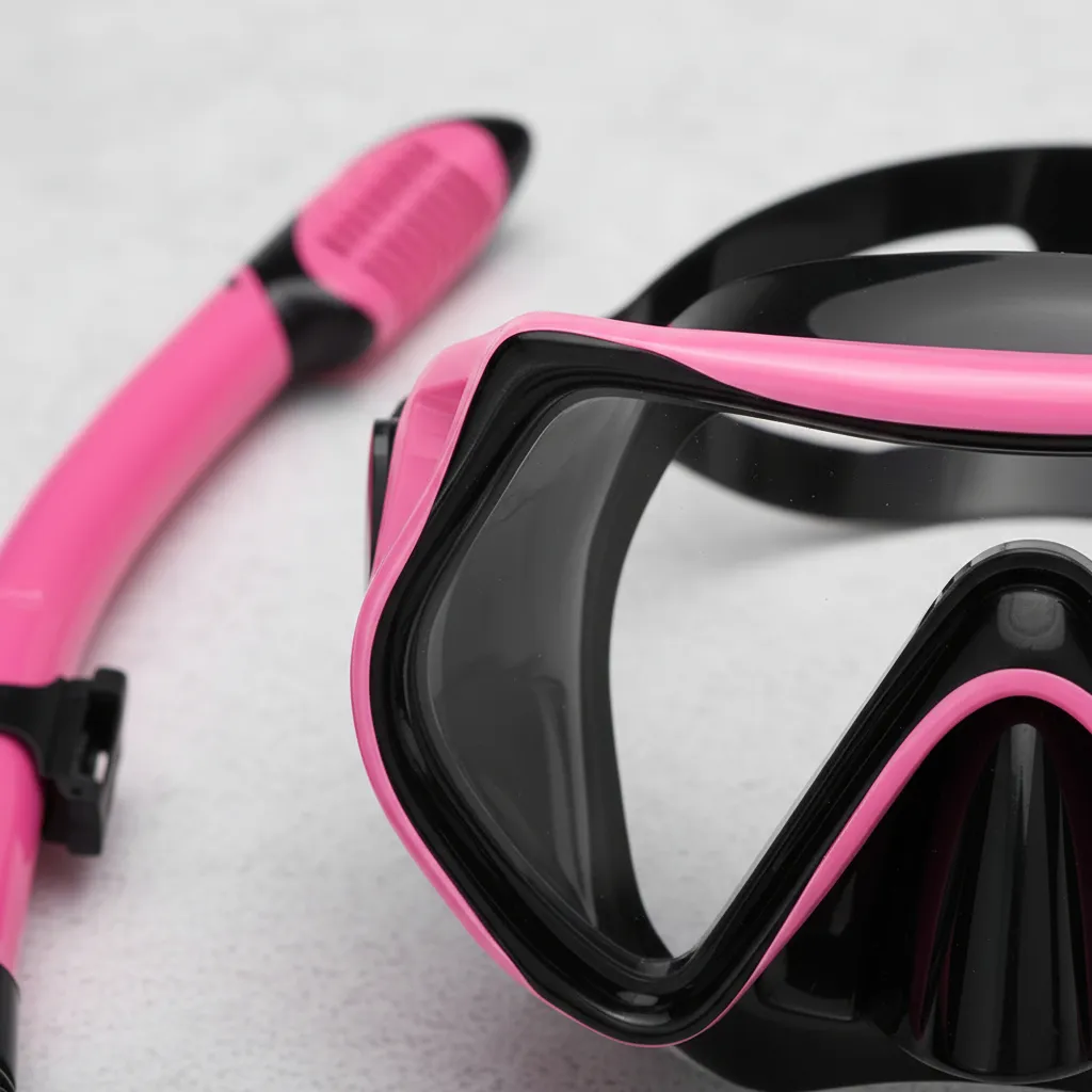 Equipo de buceo para adultos wutrye, Careta con Snorkel seco, lente panorámica de vidrio templado antifugas y antivaho, color rosa