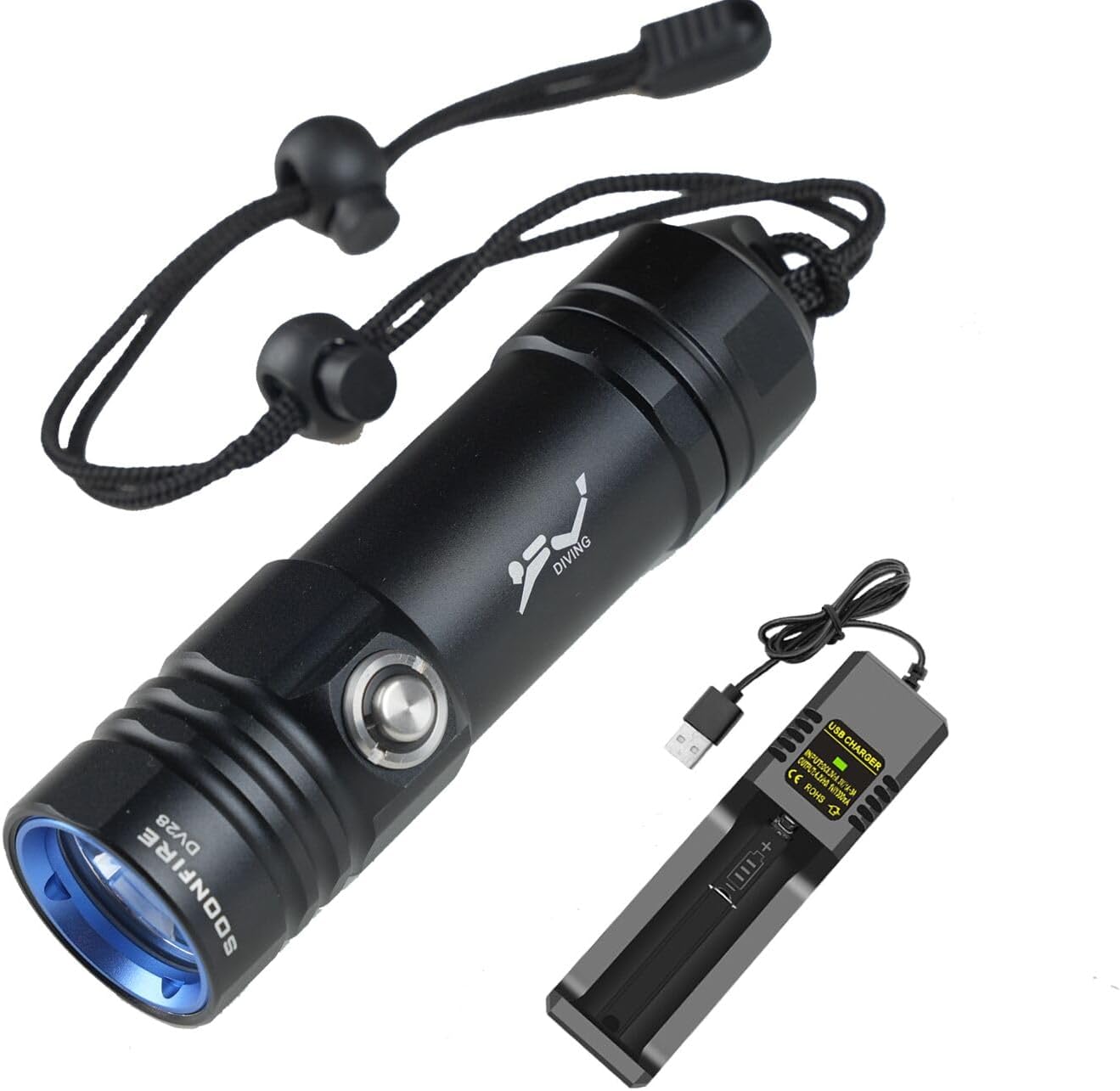 Linterna recargable de mano para buceo submarino super brillante de 1500 lúmenes + cargador IPX8 hasta 100 metros DV28