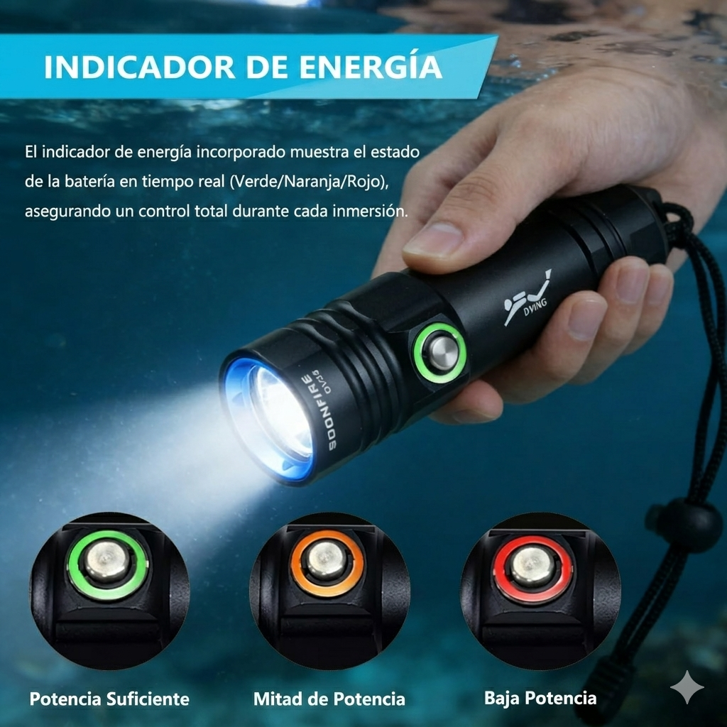 Linterna recargable de mano para buceo submarino super brillante de 1500 lúmenes + cargador IPX8 hasta 100 metros DV28