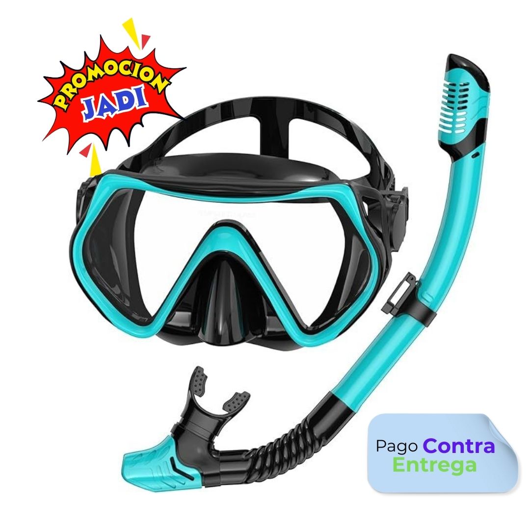 Equipo de buceo para adultos, Careta con snorkel seco, lente panorámica de vidrio templado antifugas y antivaho, color aguamarina