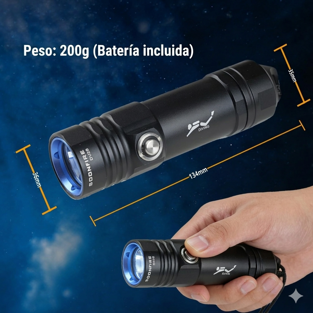 Linterna recargable de mano para buceo submarino super brillante de 1500 lúmenes + cargador IPX8 hasta 100 metros DV28