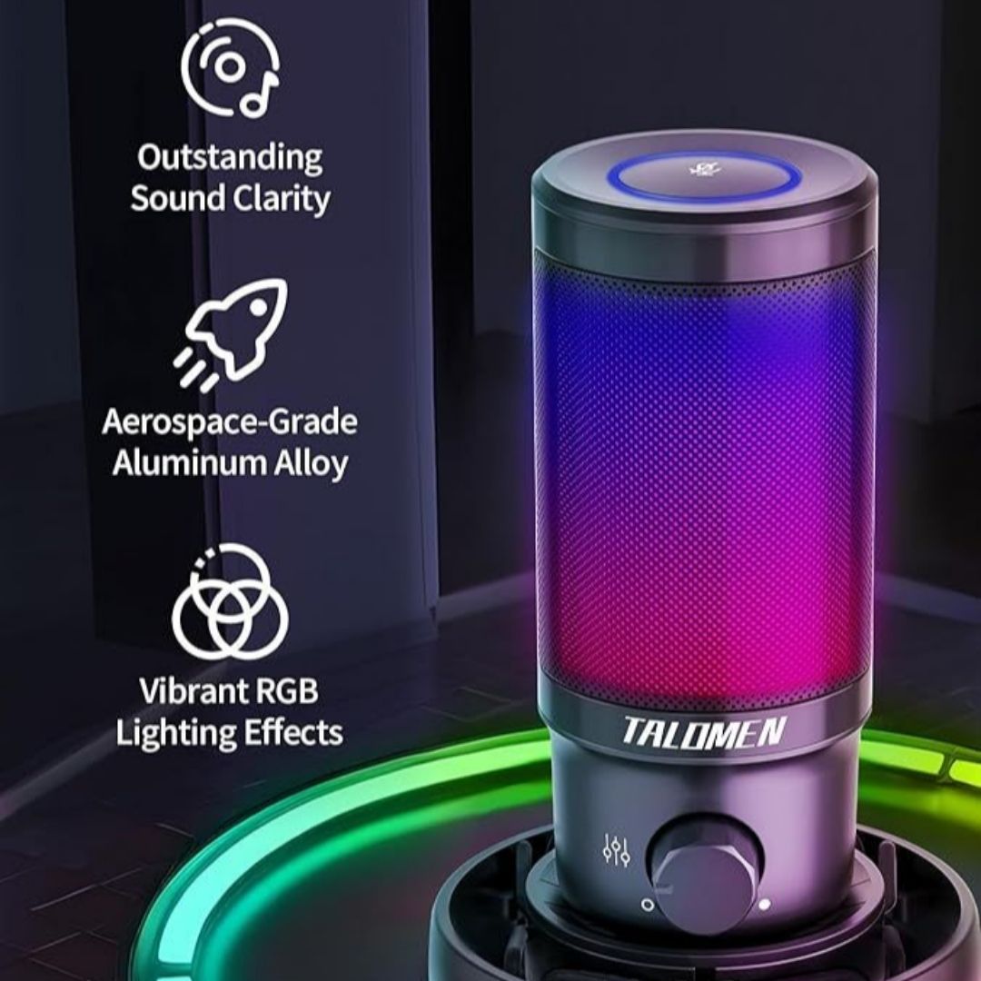 Micrófono de condensador para juegos PC RGB, silencio rápido, perilla de ganancia, Talomen Falcon con brazo articulado