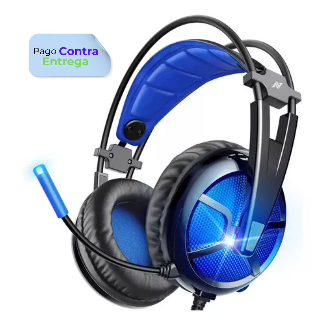 Auriculares Gamer Abkoncore para Pc con micrófono Audífonos Diadema luz led Azul