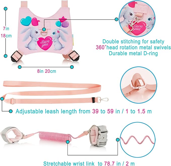 Arnes de seguridad para niñas antiperdida de conejito rosado y llave de bloqueo 3 en 1 HappyVk pulsera y correa 
