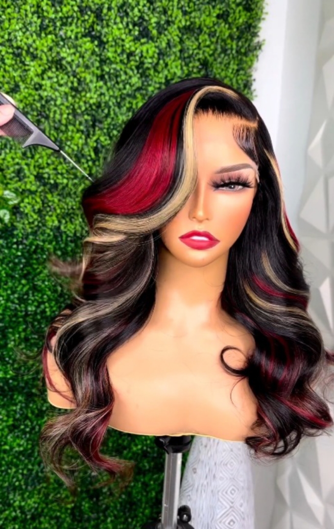 Red and Blonde Highlights Human Hair Wavy Lace Front Wig