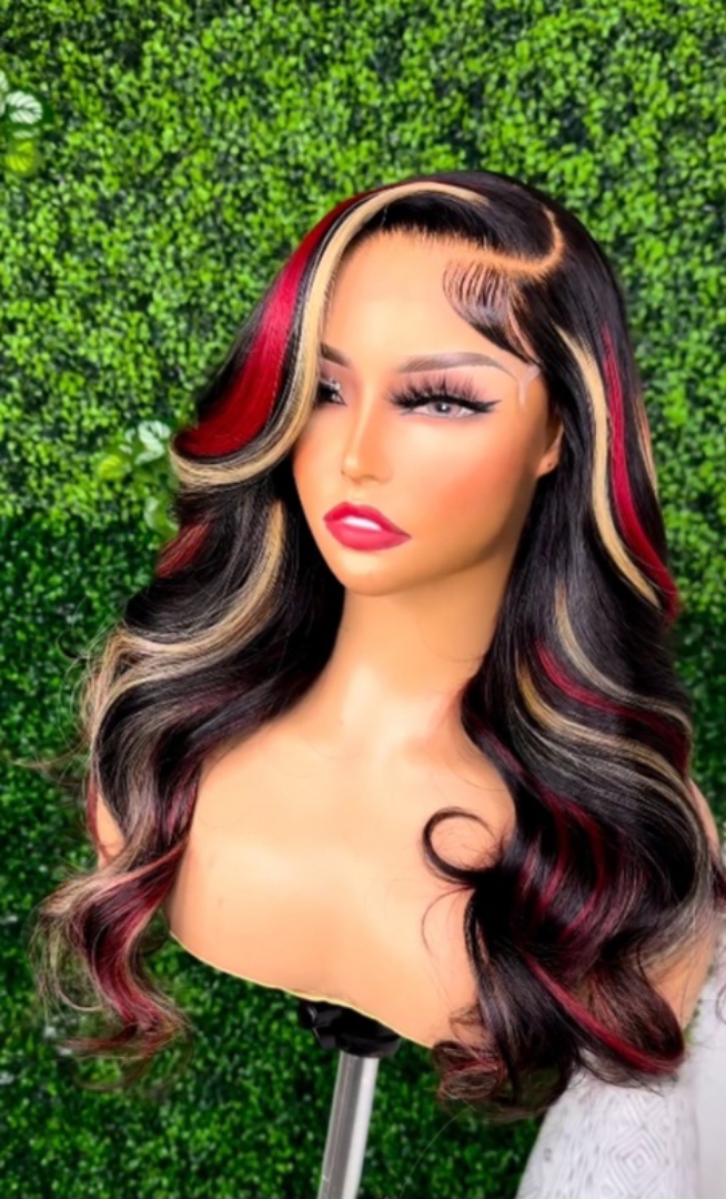 Red and Blonde Highlights Human Hair Wavy Lace Front Wig