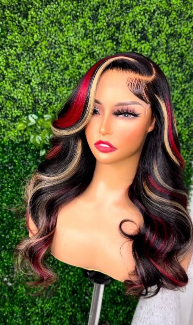 Red and Blonde Highlights Human Hair Wavy Lace Front Wig