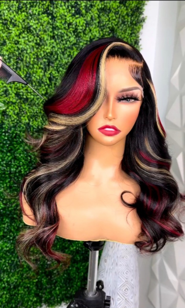 Red and Blonde Highlights Human Hair Wavy Lace Front Wig