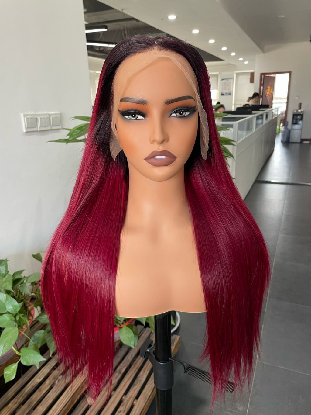 Silky Straight Winered Ombre Lace Front Wig