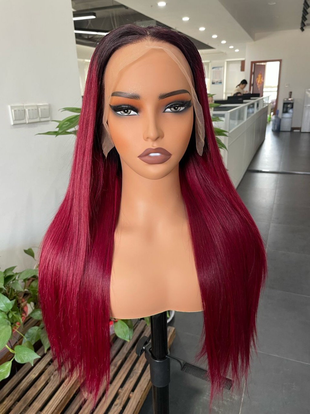 Silky Straight Winered Ombre Lace Front Wig