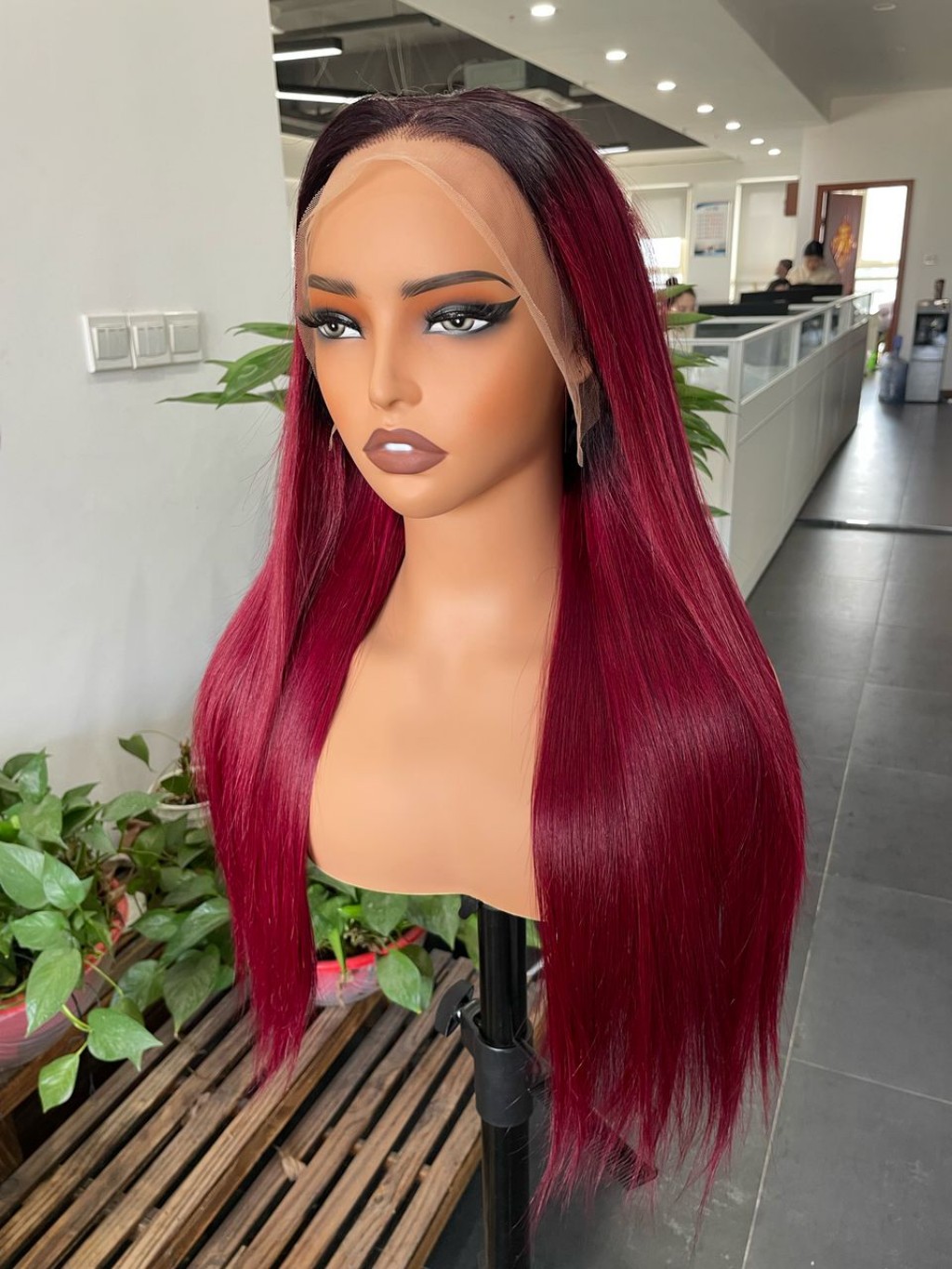 Silky Straight Winered Ombre Lace Front Wig