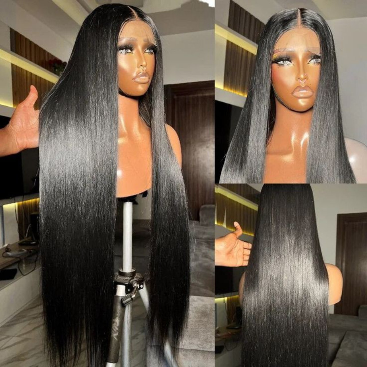 Long Black 40 Inch Human Hair Straight Wig