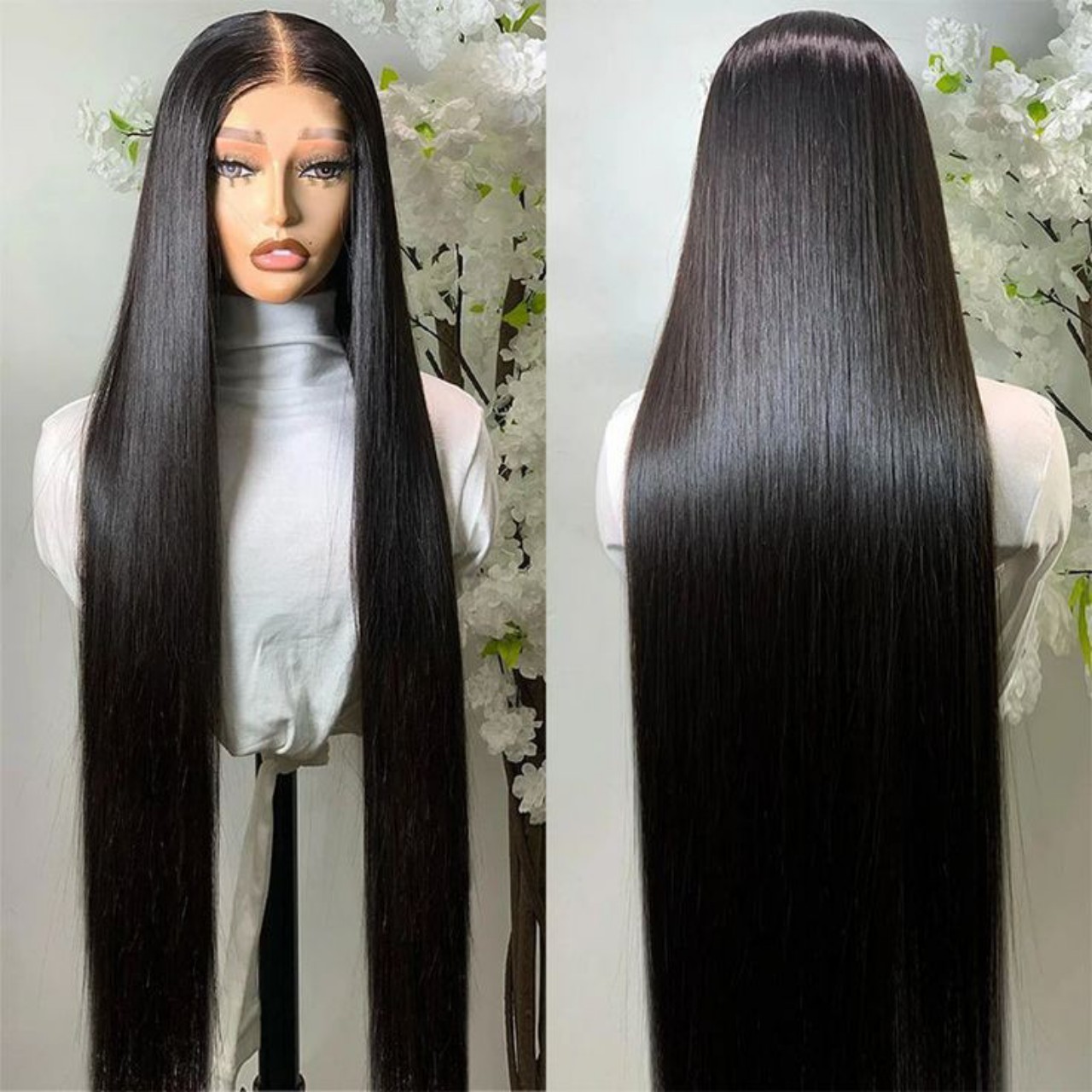 Long Black 40 Inch Human Hair Straight Wig