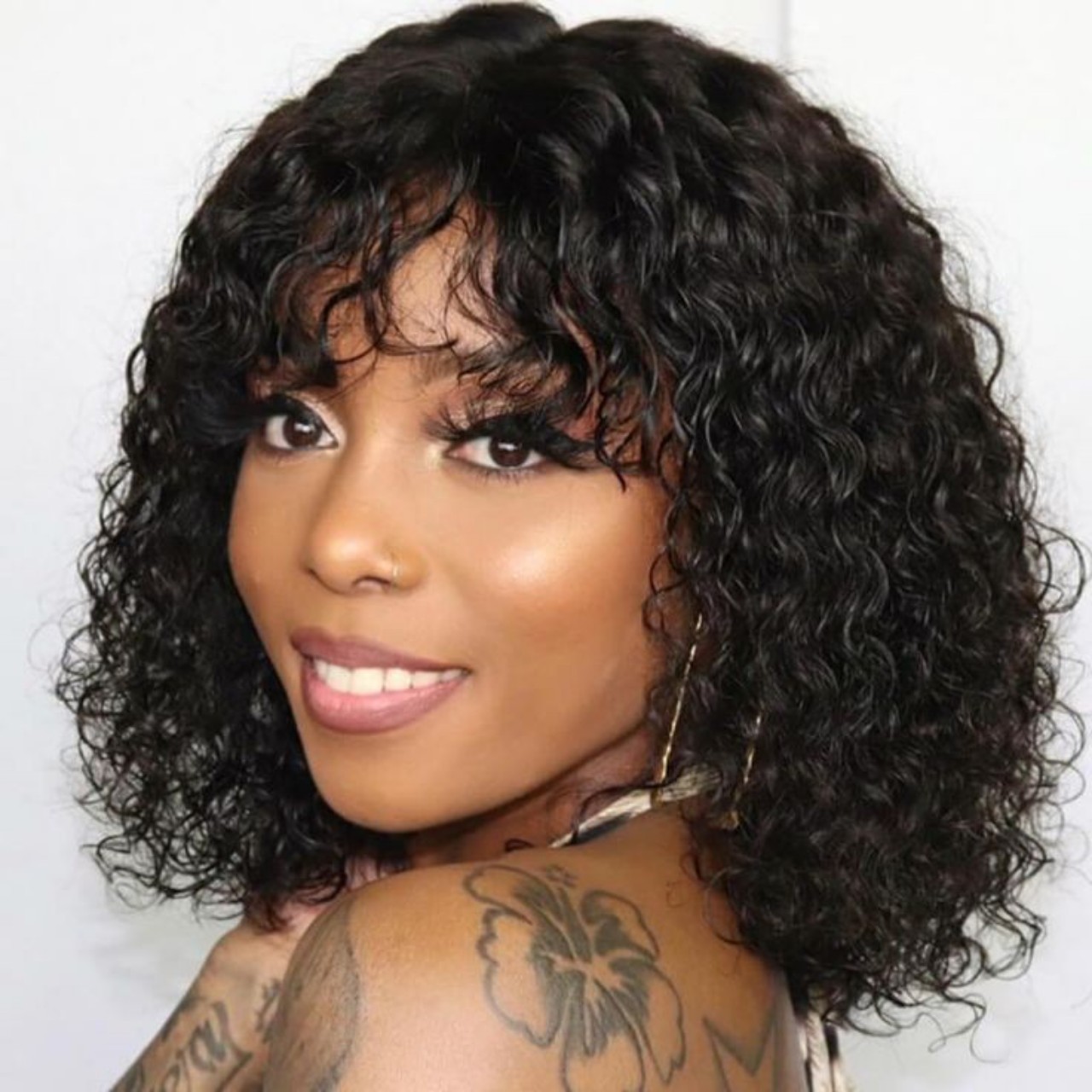 Curly Bob Human Hair Wig With Bangs