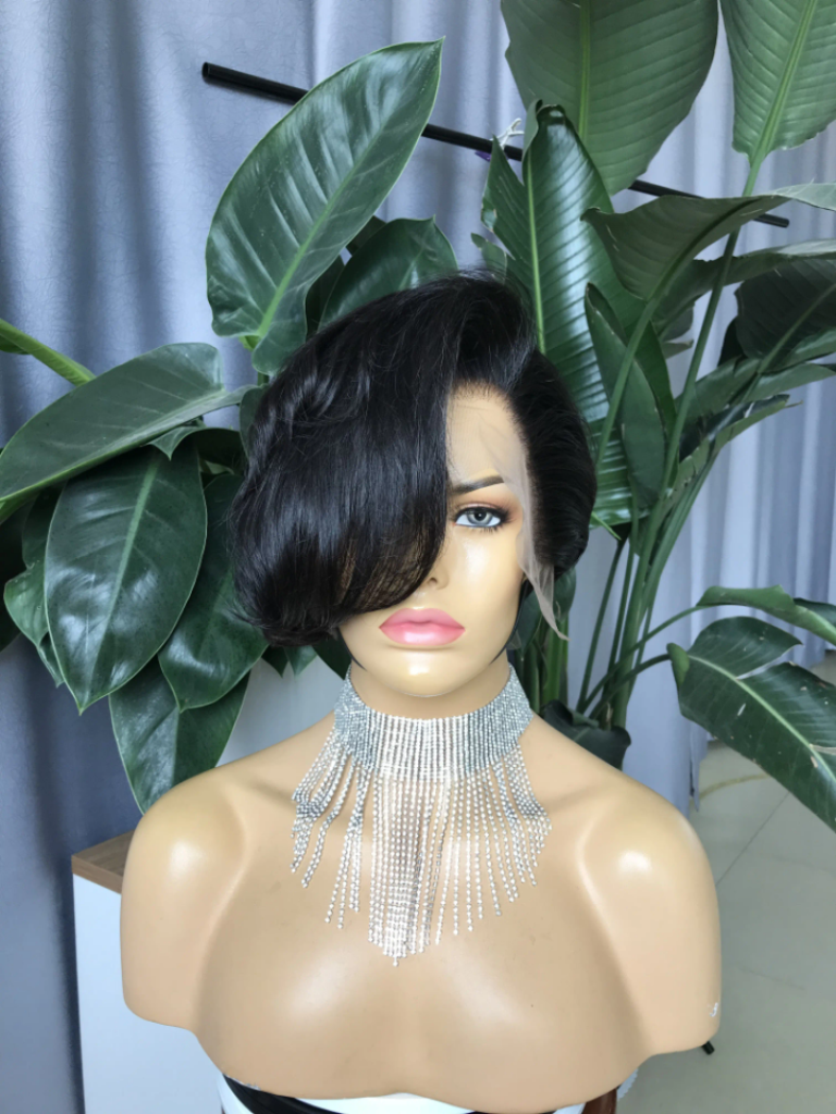 Long bangs side part pixie wig