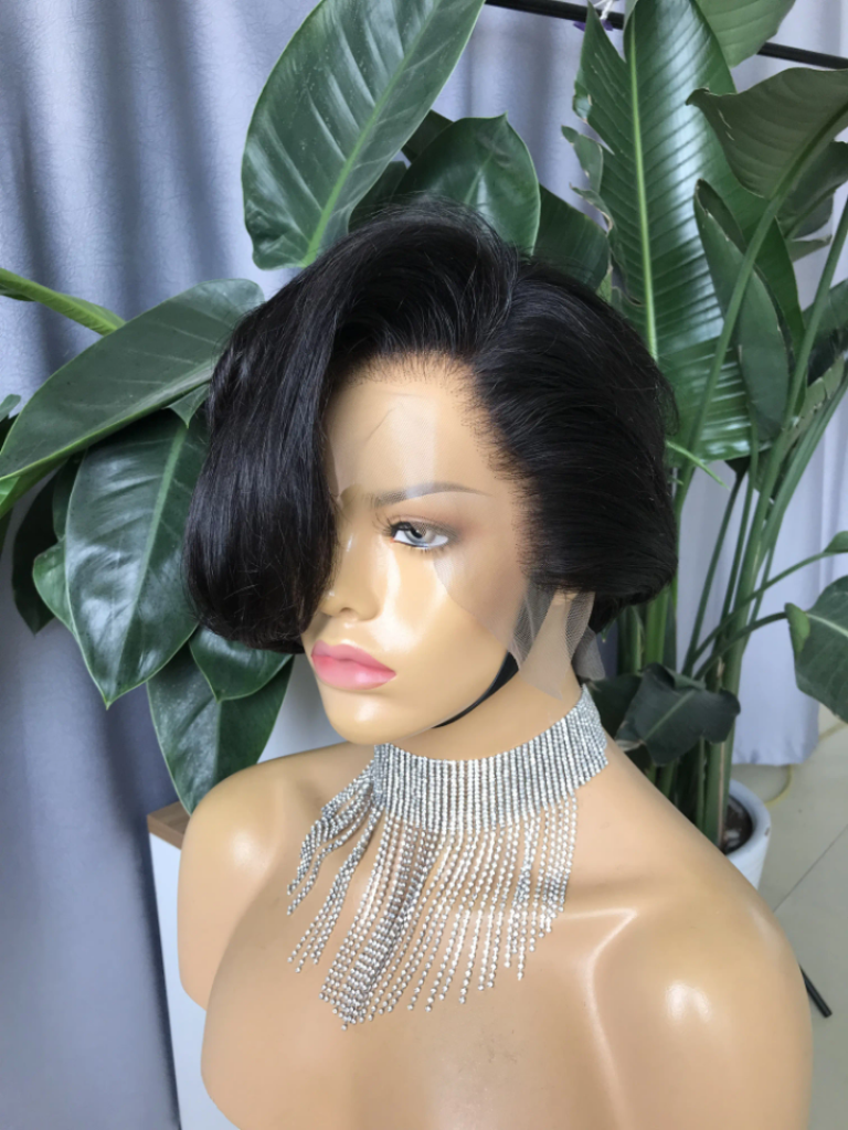 Long bangs side part pixie wig