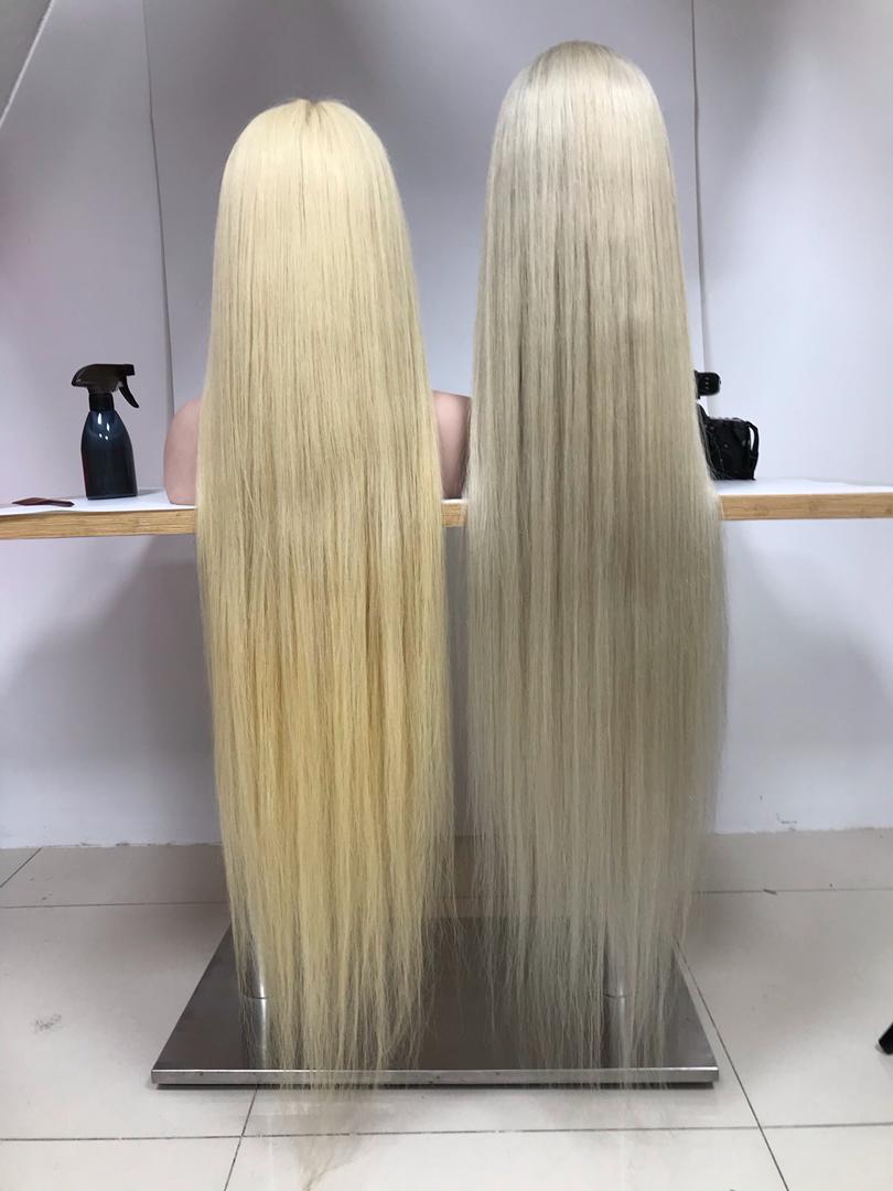 40 inch Blonde and Grey Human Hair Straight Wigs