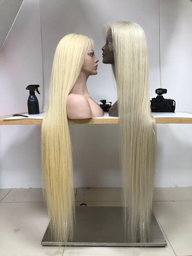 40 inch Blonde and Grey Human Hair Straight Wigs