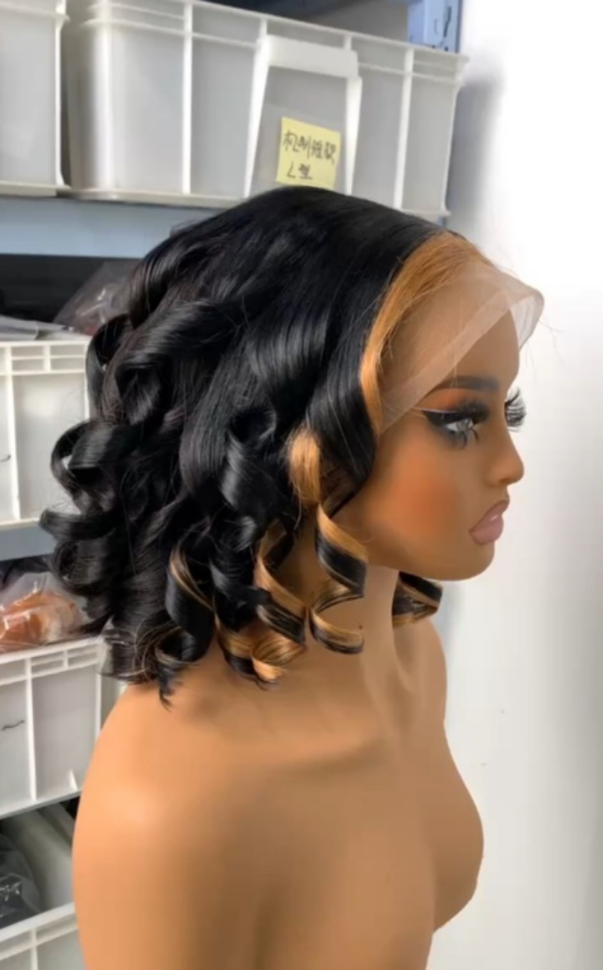 Curly Bob Lace Front Wig With Highlights 