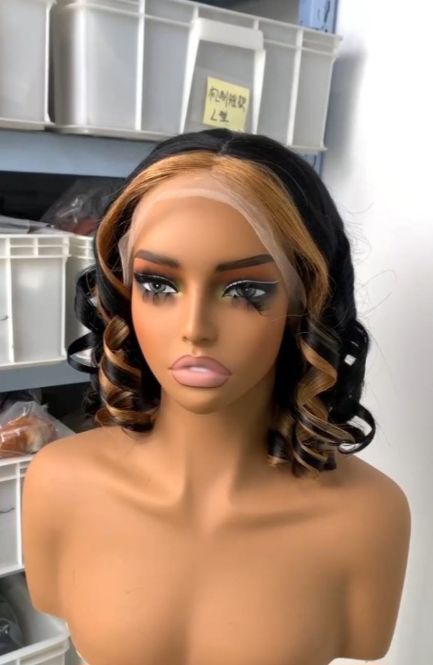 Curly Bob Lace Front Wig With Highlights 