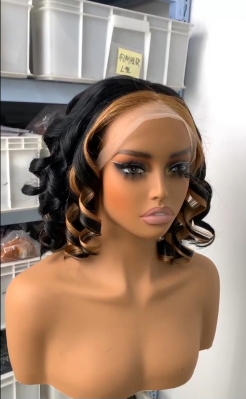 Curly Bob Lace Front Wig With Highlights 