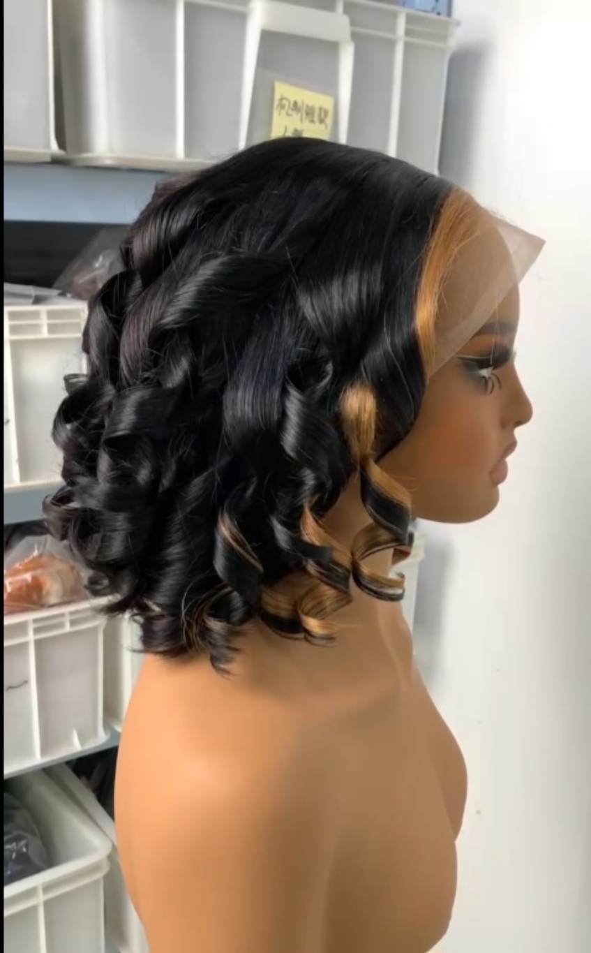 Curly Bob Lace Front Wig With Highlights 