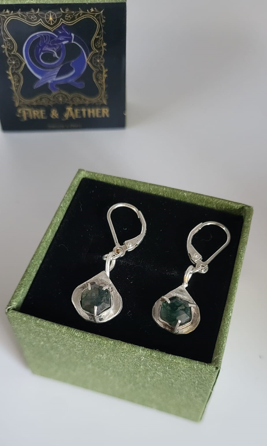 Silver Drop Moss Agate Earrings 