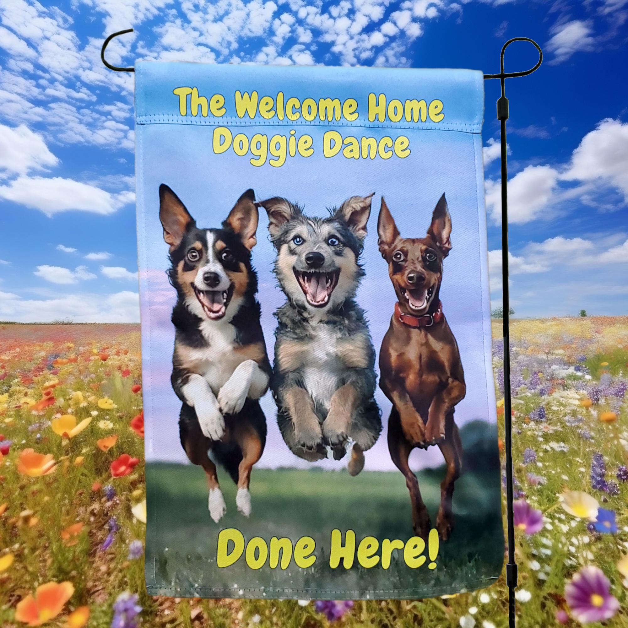 The Welcome Home Doggie Dance Garden Flag