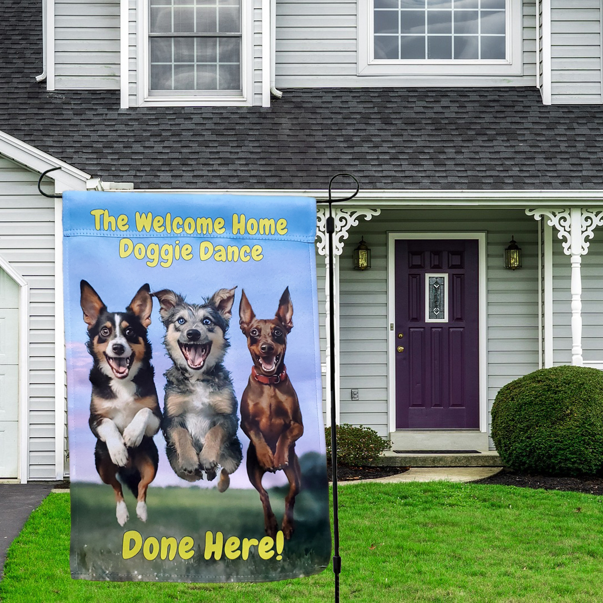The Welcome Home Doggie Dance Garden Flag