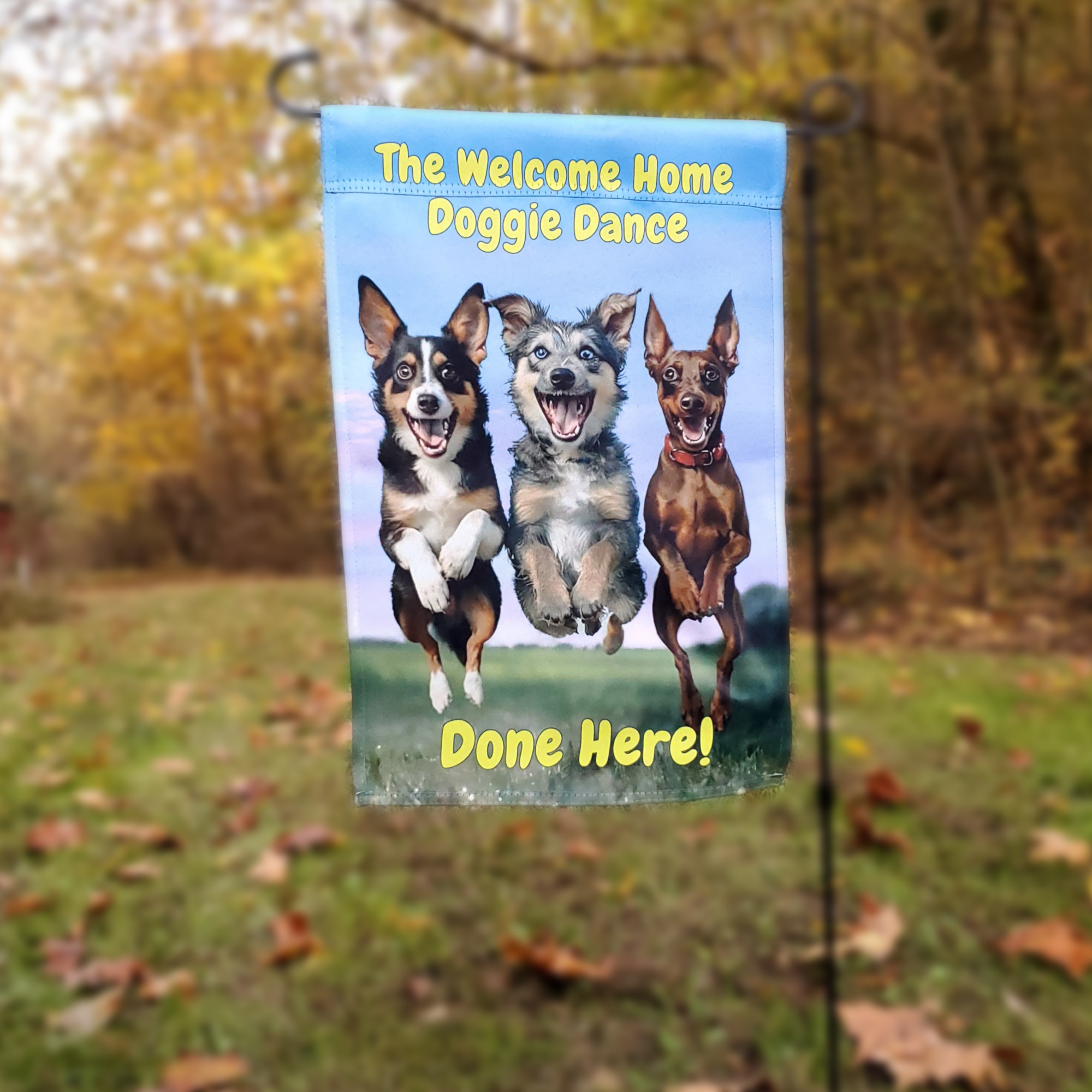 The Welcome Home Doggie Dance Garden Flag