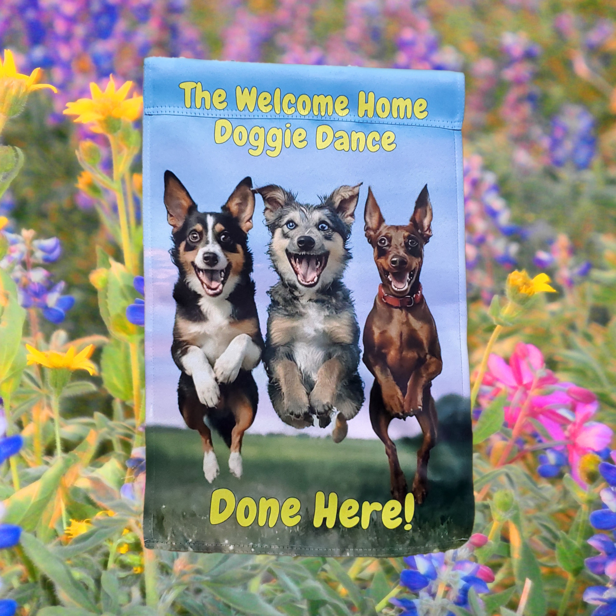 The Welcome Home Doggie Dance Garden Flag