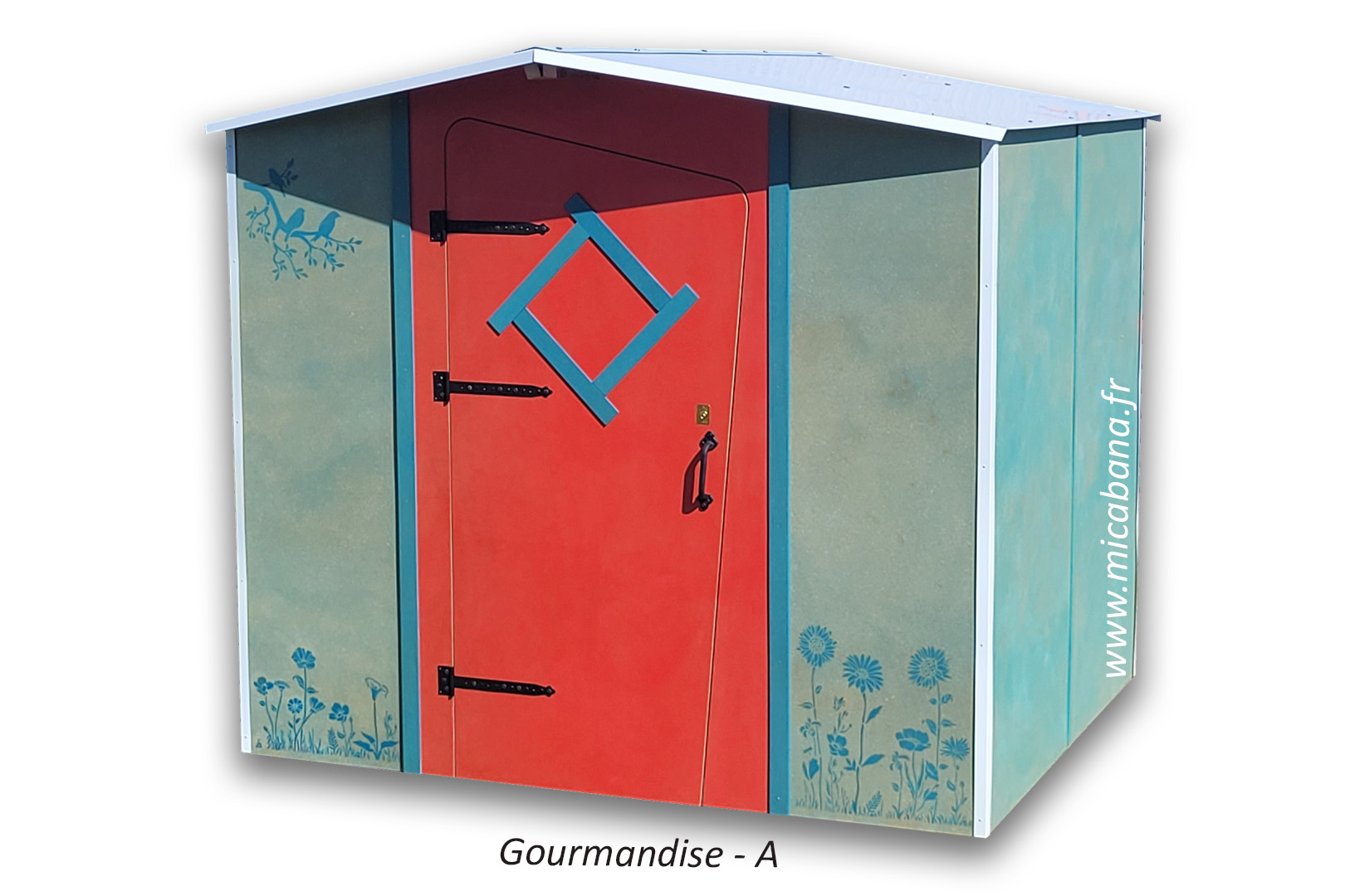 abri de jardin bleu et rouge avec motif déco