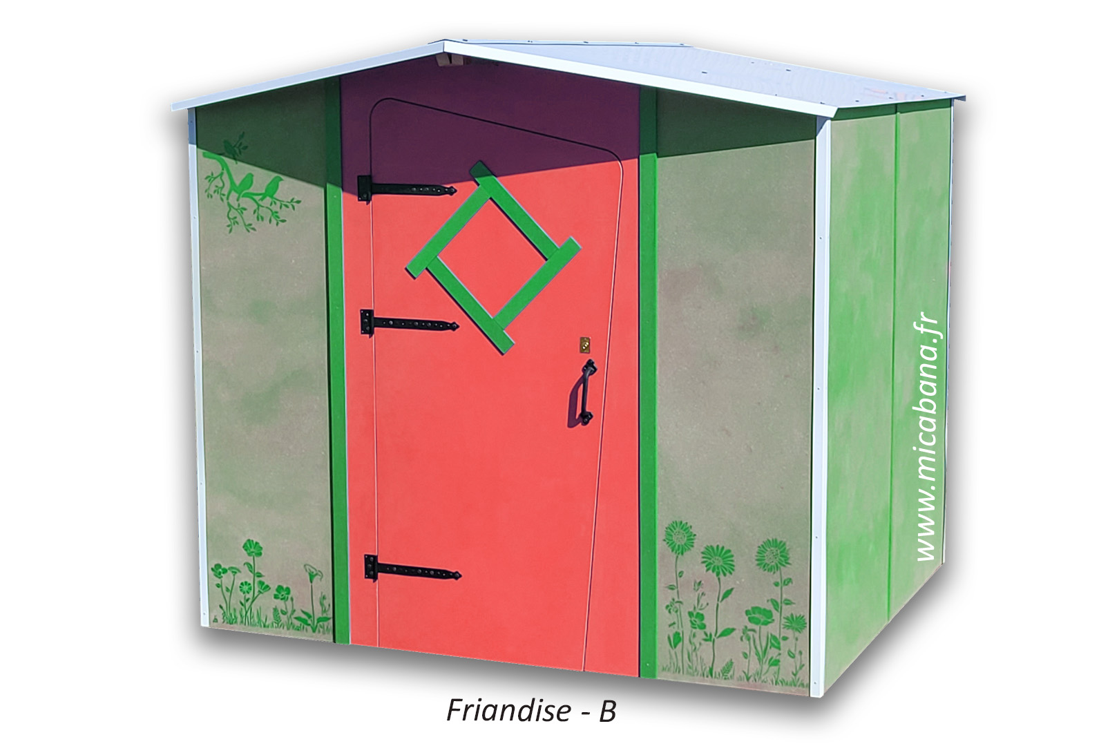 abri de jardin vert et orange avec motif déco