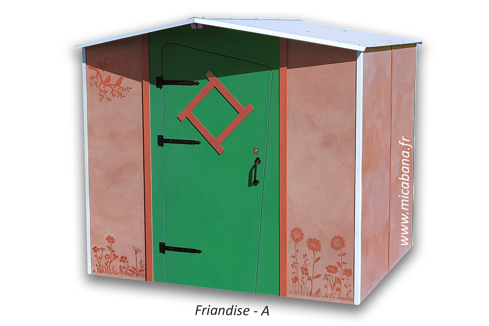 abri de jardin vert et orange avec motif déco